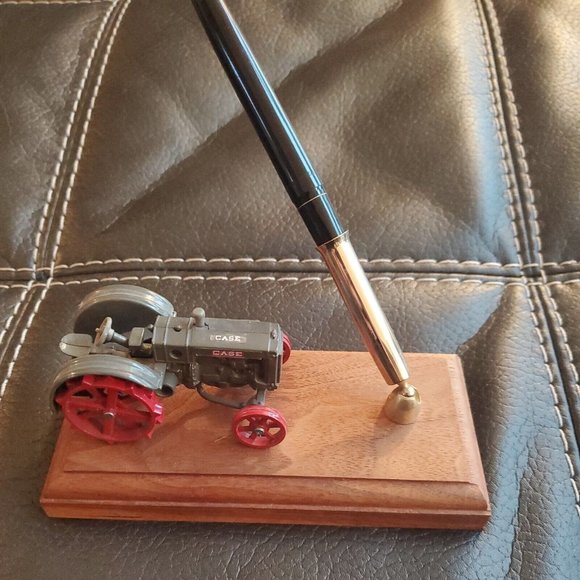 Vintage 1929 CASE L Tractor w Wooden Pen Holder Ball Point Pen Desk Set Base